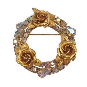 Mid Century Vtg Floral Wreath Brooch Gold‎ Tone AB Rhinestones Hollywood Glam